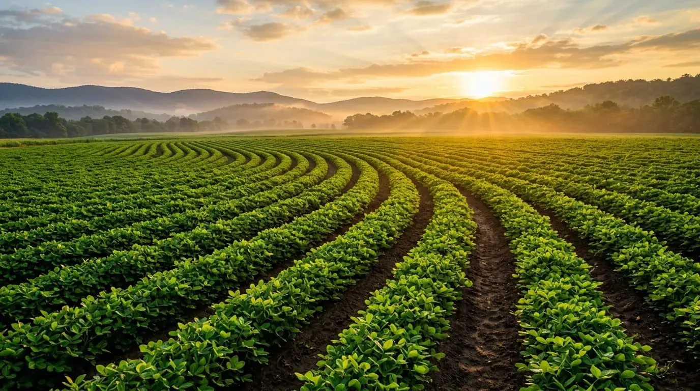 Sustainable peanut farming field with sunrise and mountains